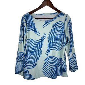 Vineyard Vines Leaf Print Blue Green 3/4 Sleeve Blouse Top Women's Large